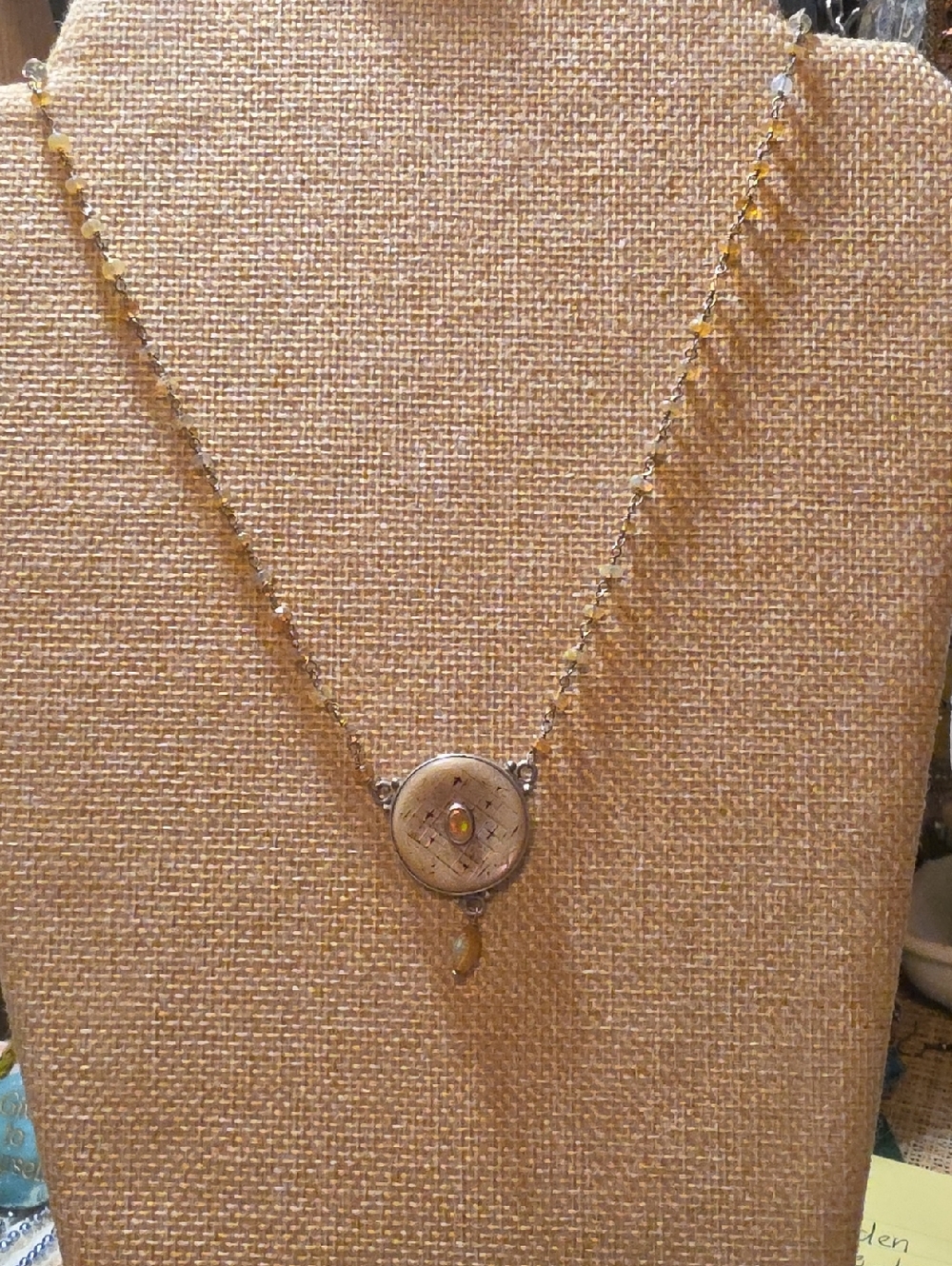 Etched Opal Round Pendant Necklace with Opal Accents And Chain Beads